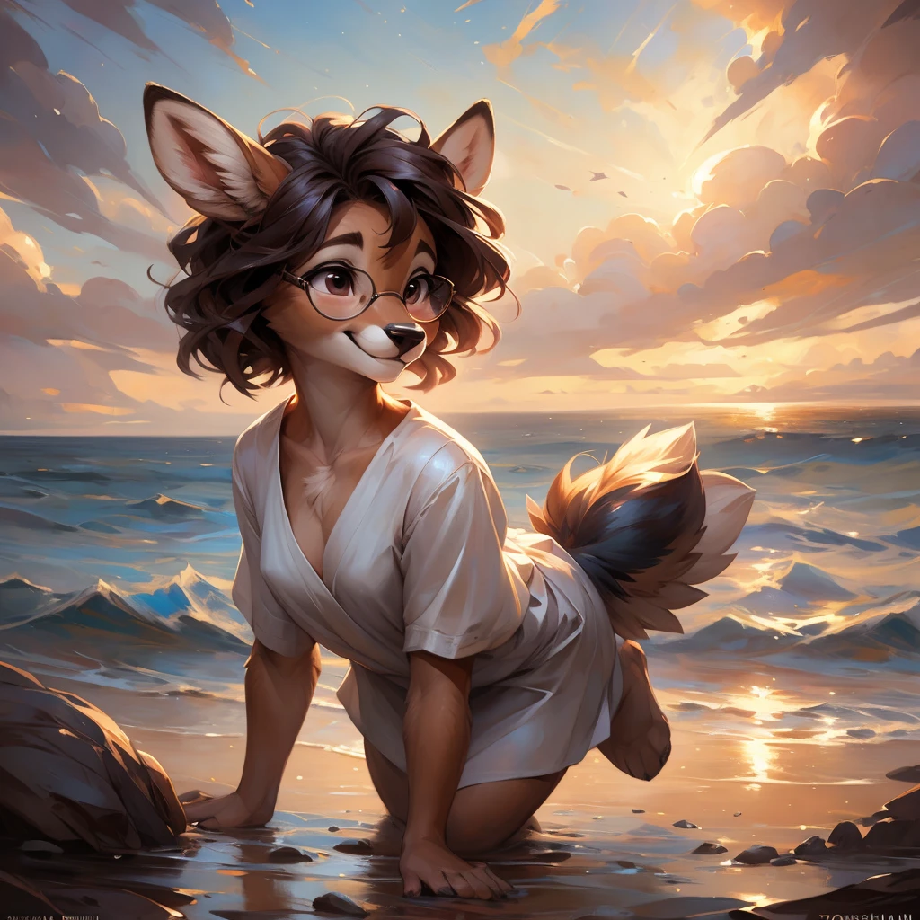 uploaded on e621, artstation, by Pixelsketcher, by Bayard Wu, by Thomas Benjamin Kennington , by Einshelm, by hioshiru and kenket, Chunie, portrait, solo anthro female deer doe, with small featureless breasts, clear dark blue, cinematic lighting, day, sunny day, beach, stays in the sea, sea background, mediterranean background, horizon background, shiny, short curly dark brown hair, wears big black nerd glasses, very very beautiful furry art, furry art, smiling, joyful, shiny, happy, feminine, cute face, muzzle, fluffy chest, flawless face, Fallow deer, 1girl, Sakimichan is beautiful, Masterpiece, Wavethesallow Face, shiny, Detailed image, portrait, Detailed image, portrait, full body, wearing wide, long, white blouse, shiny, realistic face, perfect anatomy, hourglass body, (furry body:1.1), anthropomorphic deer, small fluffy tail, detailed background, (cute anatomy:1.1), windy, smiling, very happy, happy
