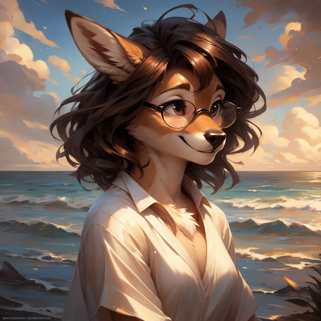 uploaded on e621, artstation, by Pixelsketcher, by Bayard Wu, by Thomas Benjamin Kennington , by Einshelm, by hioshiru and kenket, Chunie, portrait, solo anthro female deer doe, with small featureless breasts, clear dark blue, cinematic lighting, day, sunny day, beach, stays in the sea, sea background, mediterranean background, horizon background, shiny, short curly dark brown hair, wears big black nerd glasses, very very beautiful furry art, furry art, smiling, joyful, shiny, happy, feminine, cute face, muzzle, fluffy chest, flawless face, Fallow deer, 1girl, Sakimichan is beautiful, Masterpiece, Wavethesallow Face, shiny, Detailed image, portrait, Detailed image, portrait, full body, wearing wide, long, white blouse, shiny, realistic face, perfect anatomy, hourglass body, (furry body:1.1), anthropomorphic deer, small fluffy tail, detailed background, (cute anatomy:1.1), windy, smiling, very happy, happy
