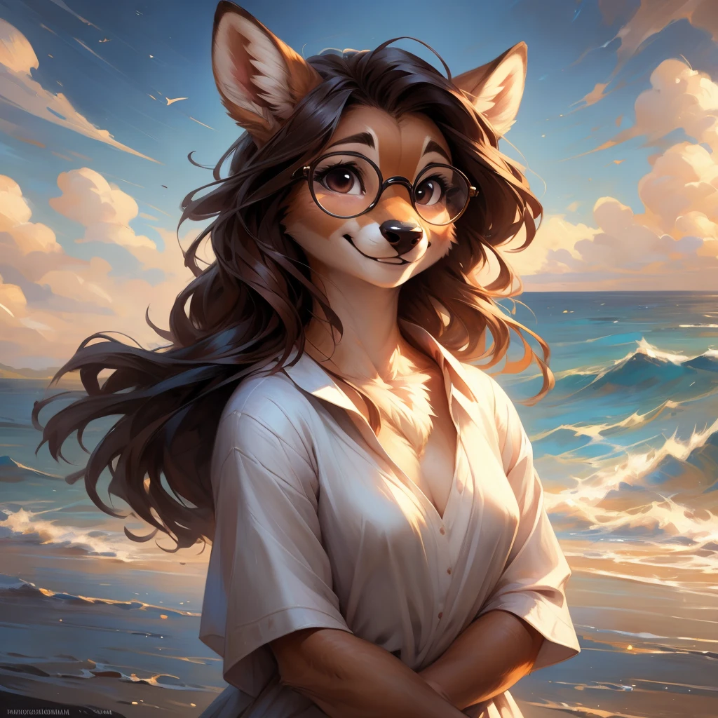 uploaded on e621, artstation, by Pixelsketcher, by Bayard Wu, by Thomas Benjamin Kennington , by Einshelm, by hioshiru and kenket, Chunie, portrait, solo anthro female deer doe, with small featureless breasts, clear dark blue, cinematic lighting, day, sunny day, beach, stays in the sea, sea background, mediterranean background, horizon background, shiny, short curly dark brown hair, wears big black nerd glasses, very very beautiful furry art, furry art, smiling, joyful, shiny, happy, feminine, cute face, muzzle, fluffy chest, flawless face, Fallow deer, 1girl, Sakimichan is beautiful, Masterpiece, Wavethesallow Face, shiny, Detailed image, portrait, Detailed image, portrait, full body, wearing wide, long, white blouse, shiny, realistic face, perfect anatomy, hourglass body, (furry body:1.1), anthropomorphic deer, small fluffy tail, detailed background, (cute anatomy:1.1), windy, smiling, very happy, happy