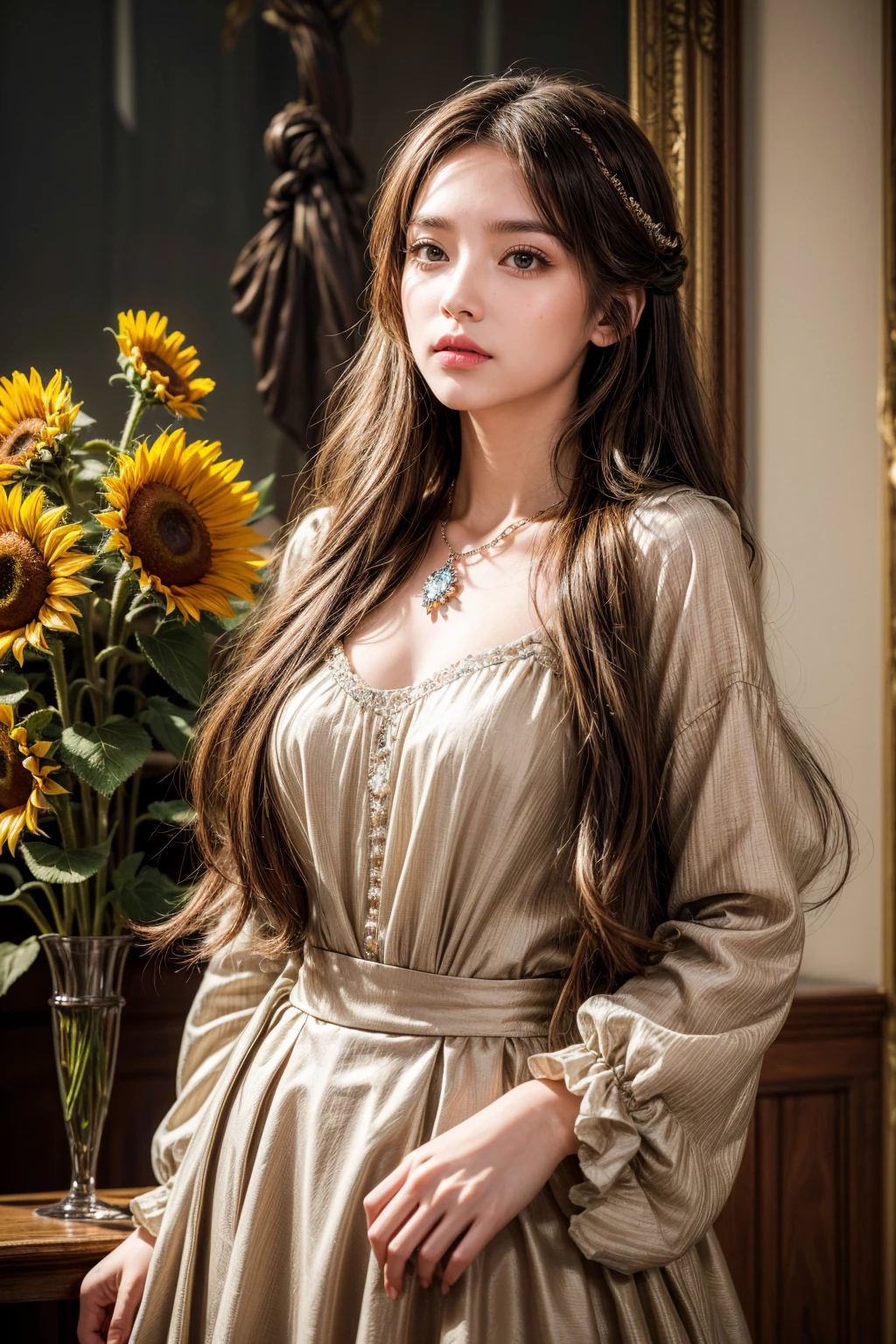( Absurdly , high quality , Extremely detailed ) ,( Handmade details ) , 1 Girl, Solitary, Mature, Very long hair, Sunflower Hair , Beautiful crystal eyes ( Eyes Details ) Baroque, necklace, Long skirt, Long sleeve, elegant, rich and colorful, The most detailed, Upper Body , There are rivers and sunflowers