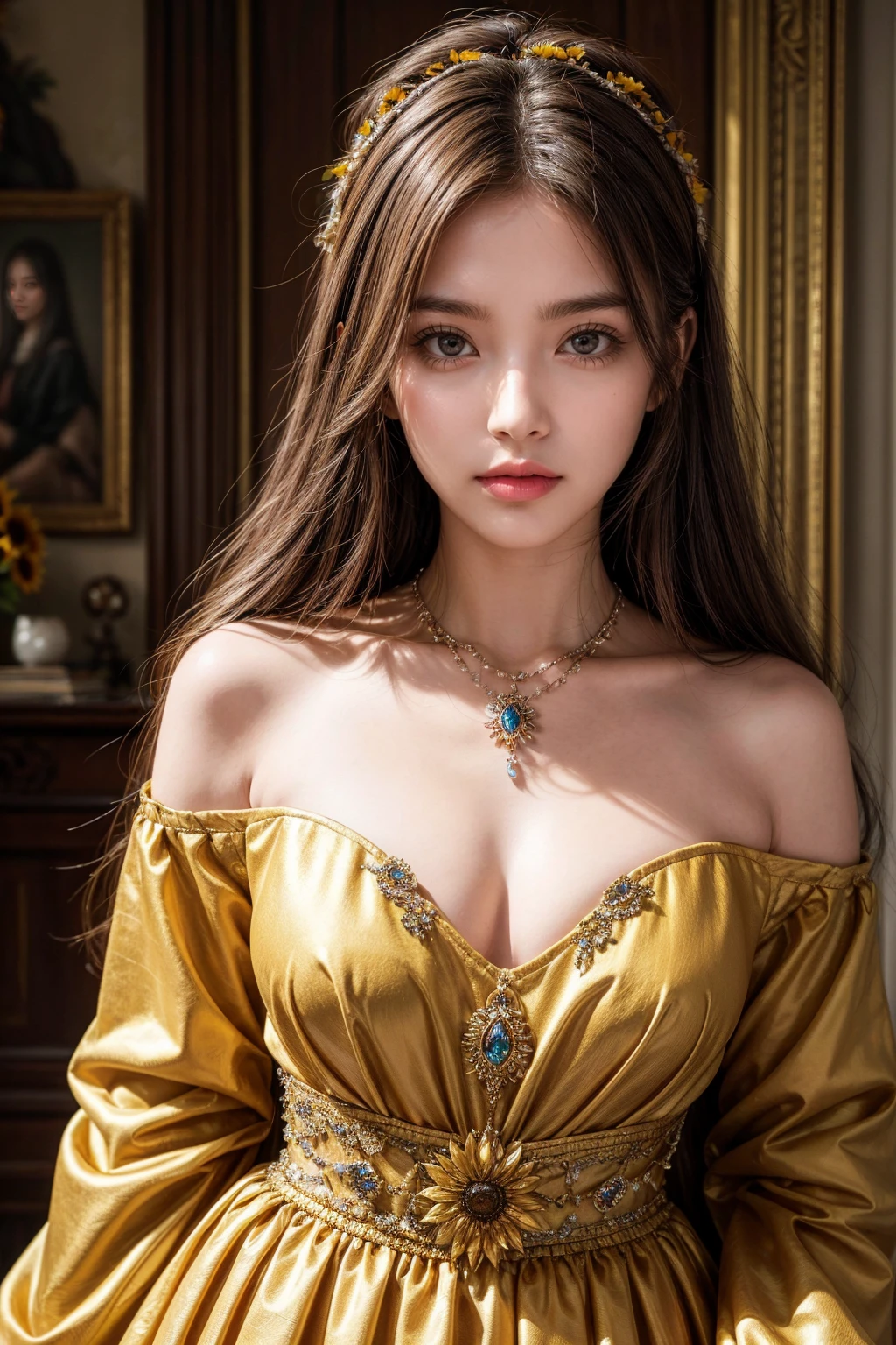 ( Absurdly , high quality , Extremely detailed ) ,( Handmade details ) , 1 Girl, Solitary, Mature, Very long hair, Sunflower Hair , Beautiful crystal eyes ( Eyes Details ) Baroque, necklace, Long skirt, Long sleeve, elegant, rich and colorful, The most detailed, Upper Body , There are rivers and sunflowers