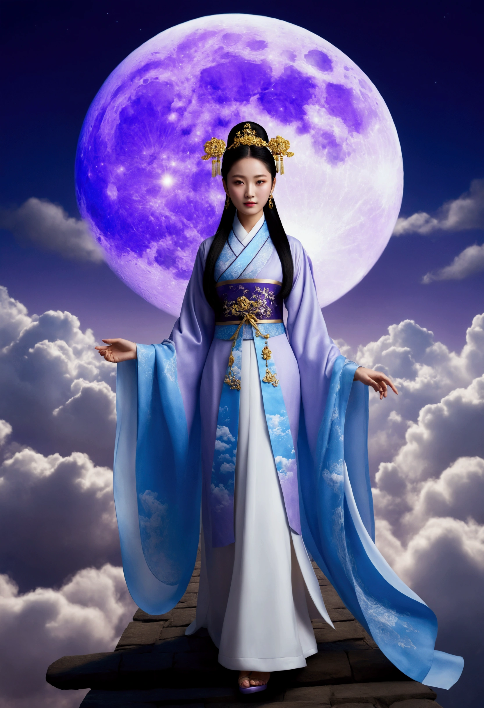masterpiece,Highest quality,Chinese style,In the sky, The clouds form a huge transparent and shining white goddess,Thick Clouds,The moon shines,Pilgrims' Path,Ultra-realistic,Ultra-photorealism,lavender,8k,High resolution,super high quality,Masterpieces,Upper body only