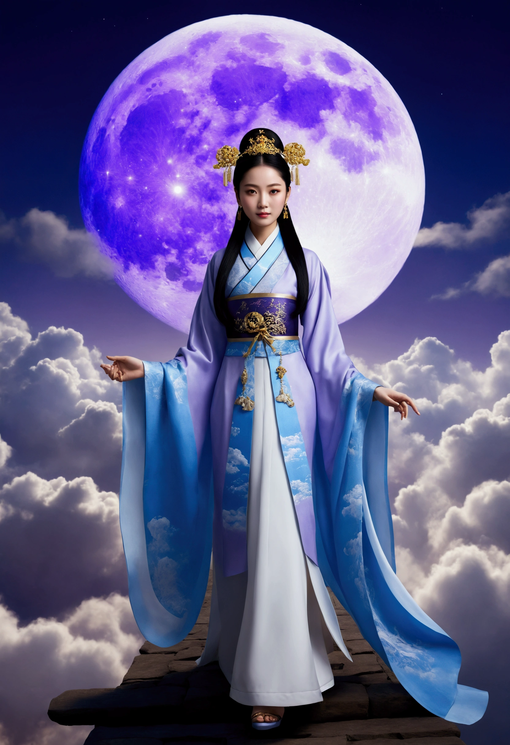 masterpiece，Highest quality，Chinese style，In the sky, The clouds form a huge transparent and shining white goddess，Thick Clouds，The moon shines，Pilgrims&#39; Path，Ultra-realistic，Ultra-photorealism，lavender，8k，High resolution，super high quality，Masterpieces，Upper body only