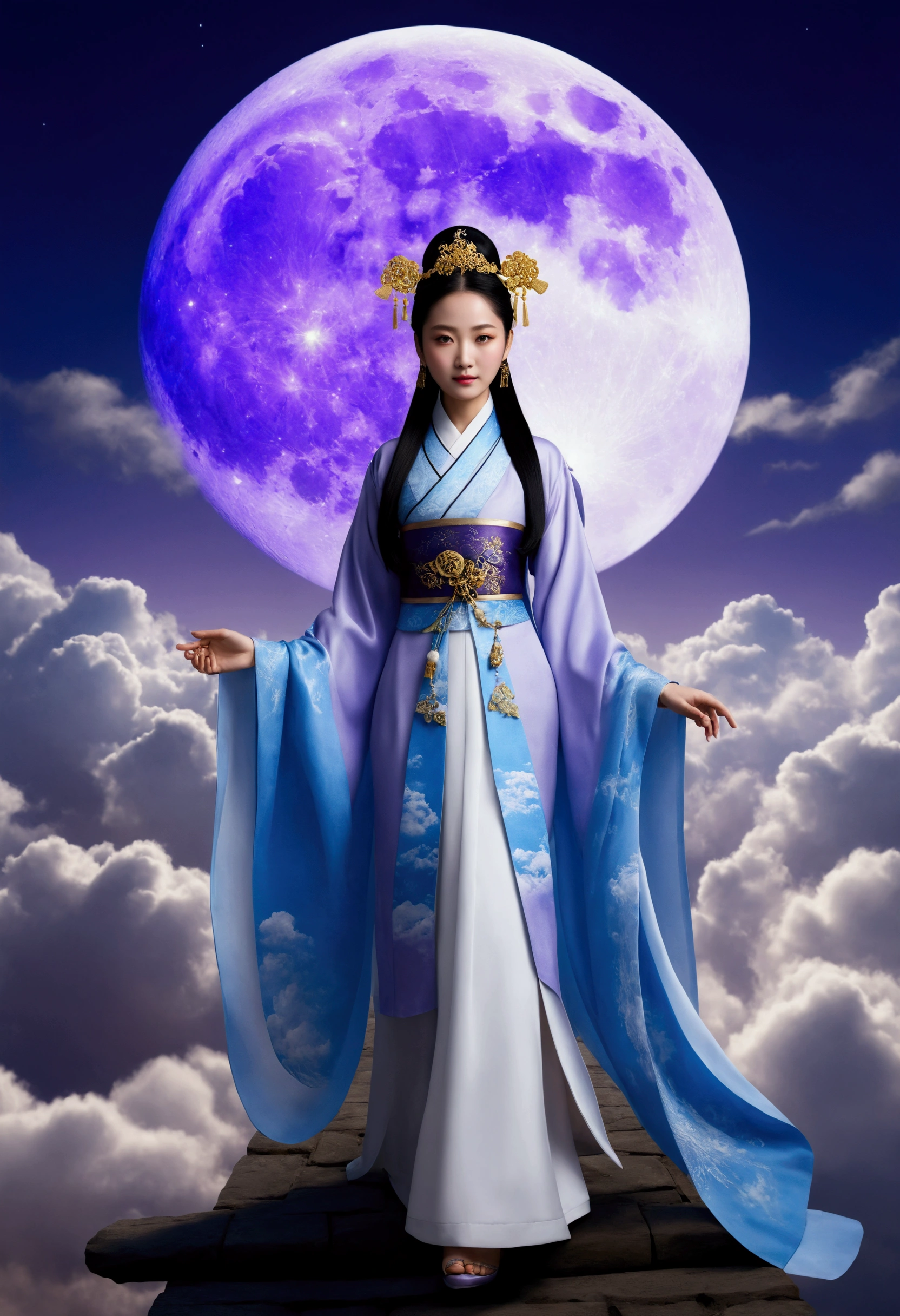 masterpiece，Highest quality，Chinese style，In the sky, The clouds form a huge transparent and shining white goddess，Thick Clouds，The moon shines，Pilgrims&#39; Path，Ultra-realistic，Ultra-photorealism，lavender，8k，High resolution，super high quality，Masterpieces，Upper body only