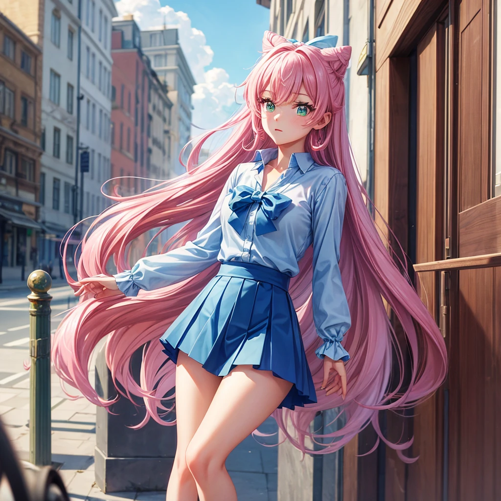 young beautiful woman with emerald eyes and long pink hair of two twin buns with waist-length. She wears a  with light blue sleeve shirt with blue medium bow, dark blue skirt, brown shoes, and white and blue leggings 