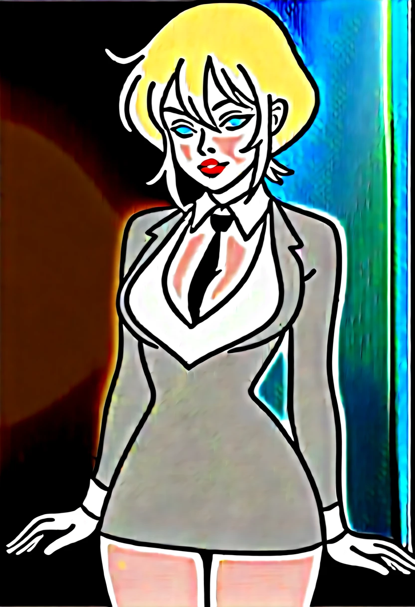 score_9, score_8_up, score_7_up,score_6_up, score_5_up, score_4_up ,skirt suit, (((three-piece suit))), (((black dress shirt))), (((necktie))), (((black blazer))), (((black lapel))), (((suit jacket))), (((waistcoat))), double-breasted waistcoat, (((bodycon pencil skirt))), pocket square, cufflinks, tie clip, tight clothing, formal clothing, makeup, lipstick, eyeshadow, mascara, slender figure, tailored suit, 1girl, solo, HolliW, holliw,makeup, blonde hair, bangs, side locks, thick eyebrows, hair between eyes, curvy, skindentation, bar \(place\), neon lights, light particles, looking at viewer,