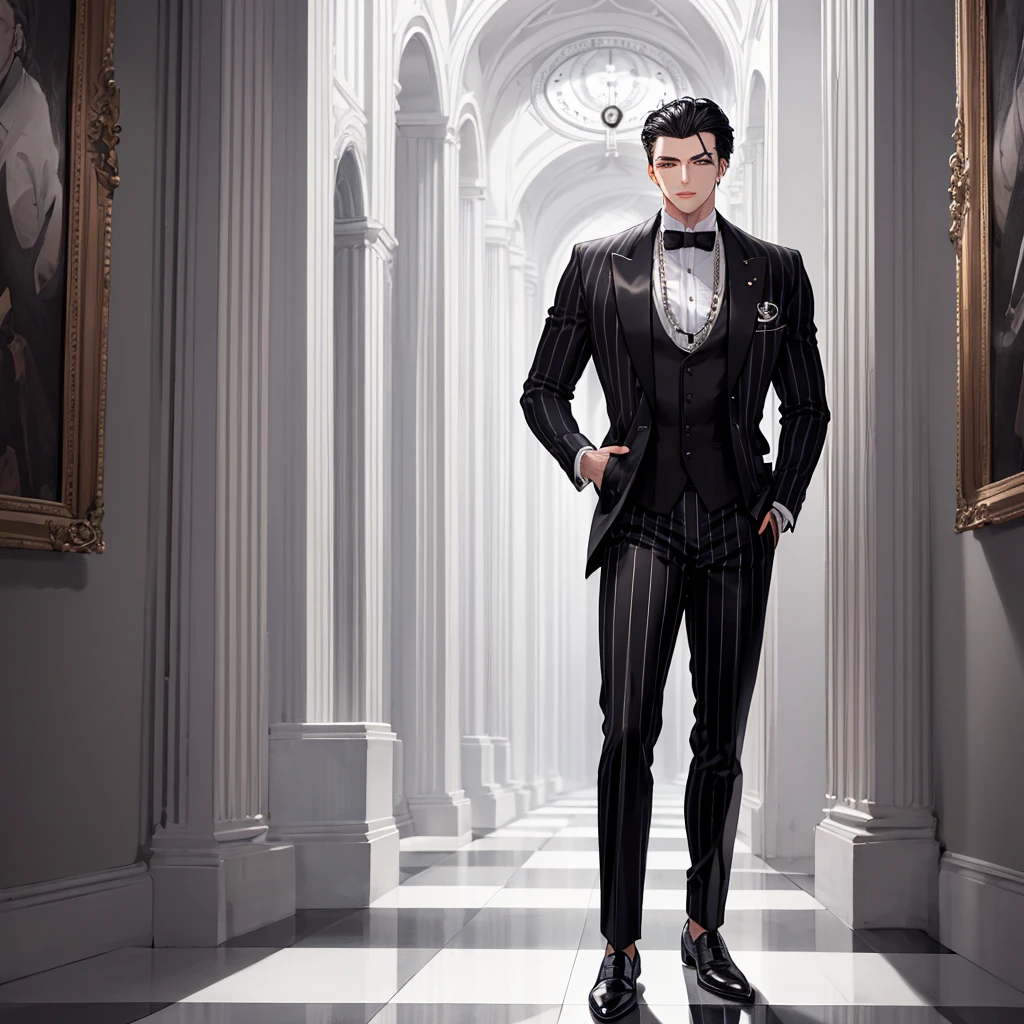 HD, Wallpaper Quality, uber quality, detailed eyes, detailed hair, detailed face, detailed hands, standing, random standing pose, Bigger Build, power lifter Build, Male, man in a butlers outfit, Tuxedo, Slicked back Hair, Black Hair, (((White stripe in hair))), pocket watch, Mansion Background, White floors, Columns, 