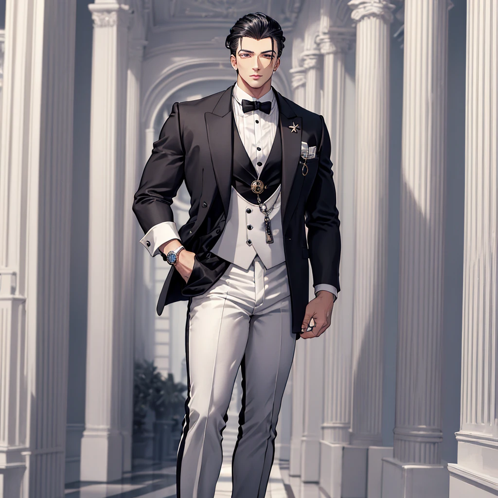 HD, Wallpaper Quality, uber quality, detailed eyes, detailed hair, detailed face, detailed hands, standing, random standing pose, Bigger Build, power lifter Build, Male, man in a butlers outfit, Tuxedo, Slicked back Hair, Black Hair, (((White stripe in hair))), pocket watch, Mansion Background, White floors, Columns, 