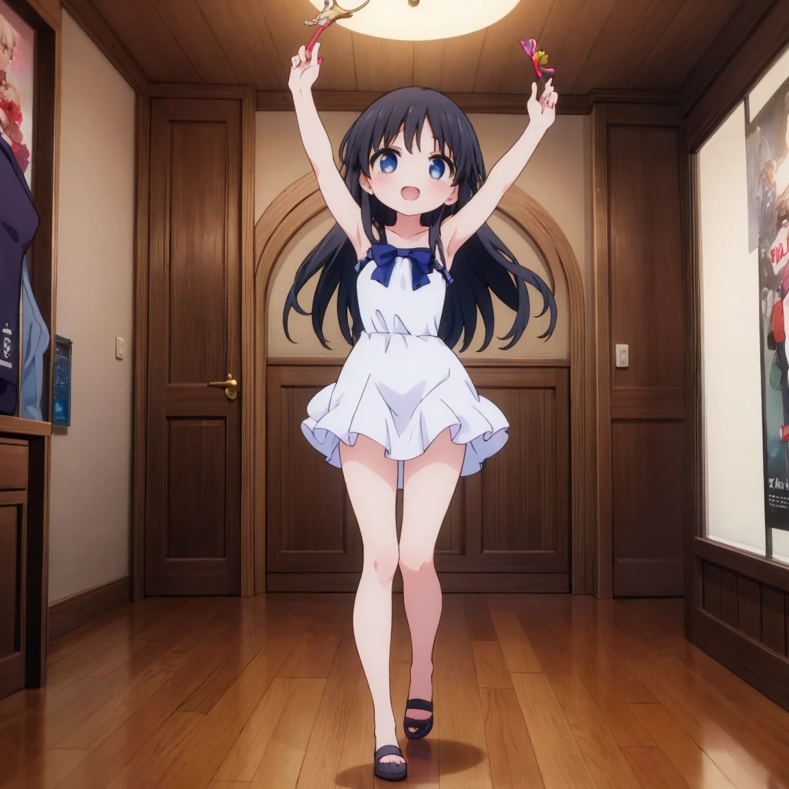 Highest quality, movie quality, cute girl holding wand, background (room), girl wearing magical girl dress, full body, dance pose, happy, girl (15 years old, black hair, beautiful girl, cute)