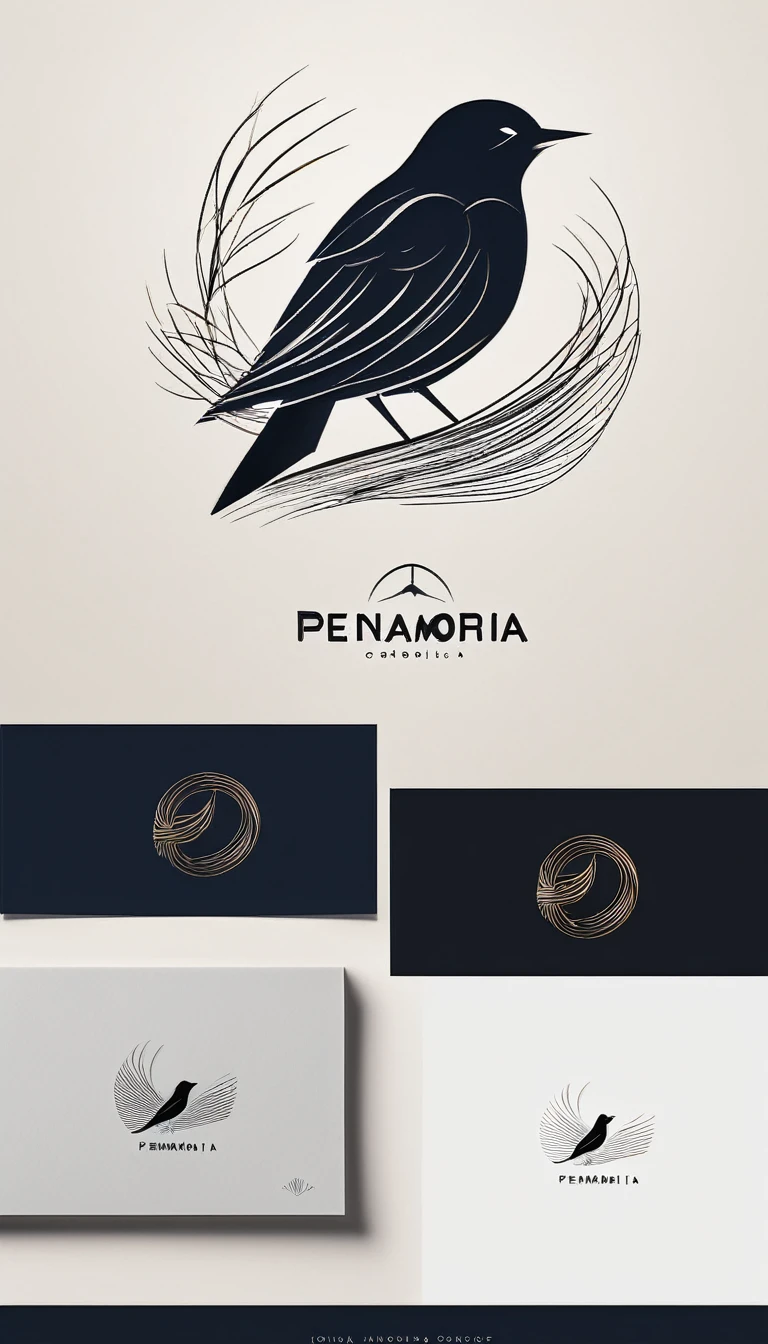 A minimal, modern, simple, cinematic logo design for the brand “Penamemoria". Create a modern, minimalistic, high-quality, logo of a bird with special and thin threads as tail
