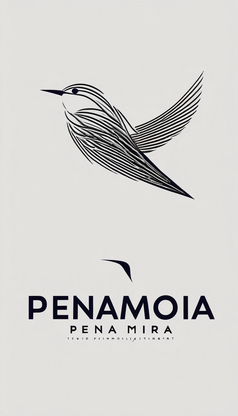 A minimal, modern, simple, cinematic logo design for the brand “Penamemoria". Create a modern, minimalistic, high-quality, logo of a bird with special and thin threads as tail