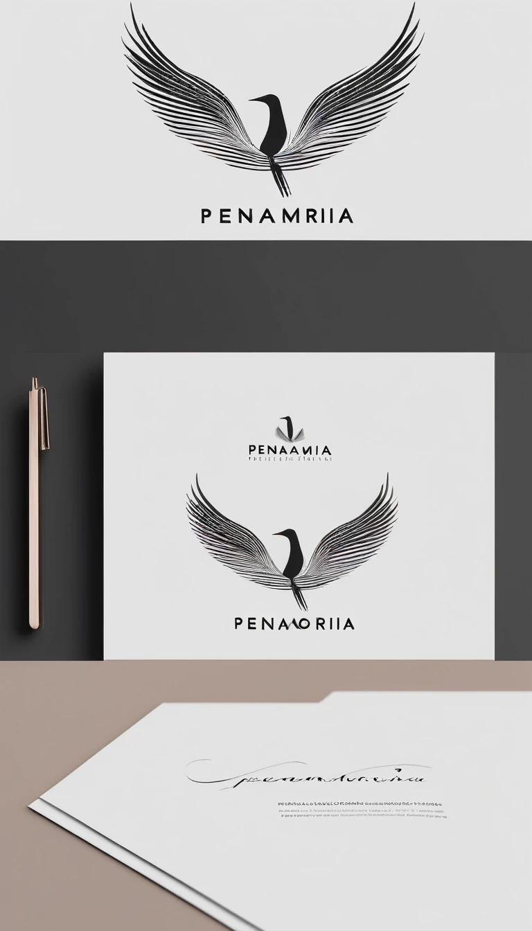 A minimal, modern, simple, cinematic logo design for the brand “Penamemoria". Create a modern, minimalistic, high-quality, logo of a bird with special and thin threads as tail