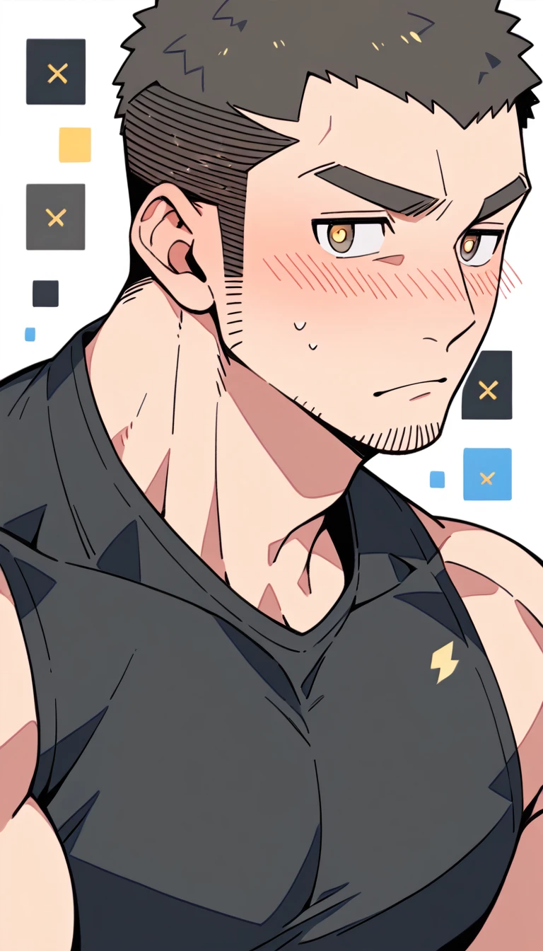 anime characters:Priapus, Muscle Sports Student, Buzz Cut, Manliness, male focus, Yellow and black tight sleeveless vest, Very tight, full and perky chest muscles, muscular male, muscular, Perfect muscular waist, only, Upper body, alone, Black short hair, Thick eyebrows, stubble, Brown-red pupils, White background, simple background, amazing quality, best aesthetics, Ridiculous, crew cut, blush, embarrassed, shy, endured face, negative space, best quality