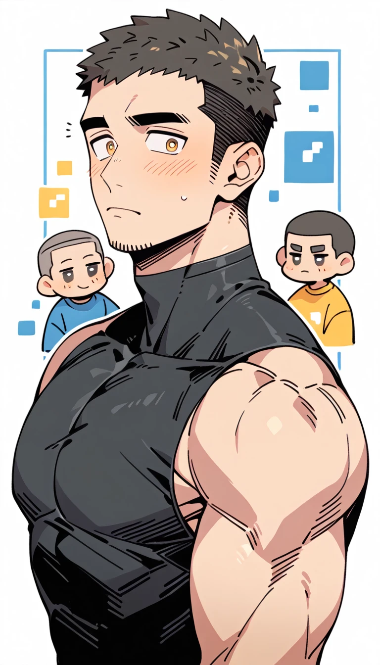 anime characters：Priapus, Muscle Sports Student, Buzz Cut, Manliness, male focus, Yellow and black tight sleeveless vest, Very tight, full and perky chest muscles, muscular male, muscular, Perfect muscular waist, only, Upper body, alone, Black short hair, Thick eyebrows, stubble, Brown-red pupils, White background, simple background, amazing quality, best aesthetics, Ridiculous, crew cut, blush, embarrassed, shy, endured face, negative space, best quality