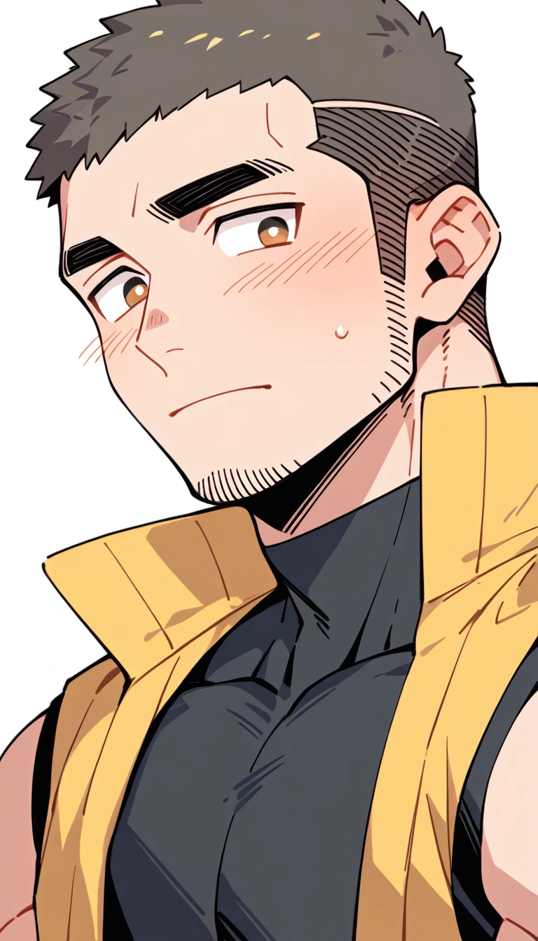 anime characters：Priapus, Muscle Sports Student, Buzz Cut, Manliness, male focus, Yellow and black tight sleeveless vest, Very tight, full and perky chest muscles, muscular male, muscular, Perfect muscular waist, only, Upper body, alone, Black short hair, Thick eyebrows, stubble, Brown-red pupils, White background, simple background, amazing quality, best aesthetics, Ridiculous, crew cut, blush, embarrassed, shy, endured face, negative space, best quality