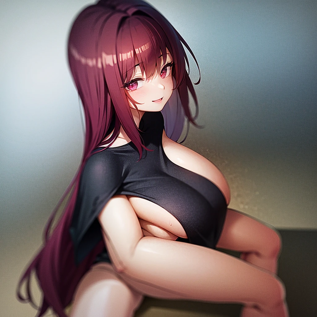 A girl with dark crimson red hair and maroon eyes with a black and red shirt that covers her whole torso and sweatpants and smiling and a background with volcanoes and fire wearing nothing with breasts showing