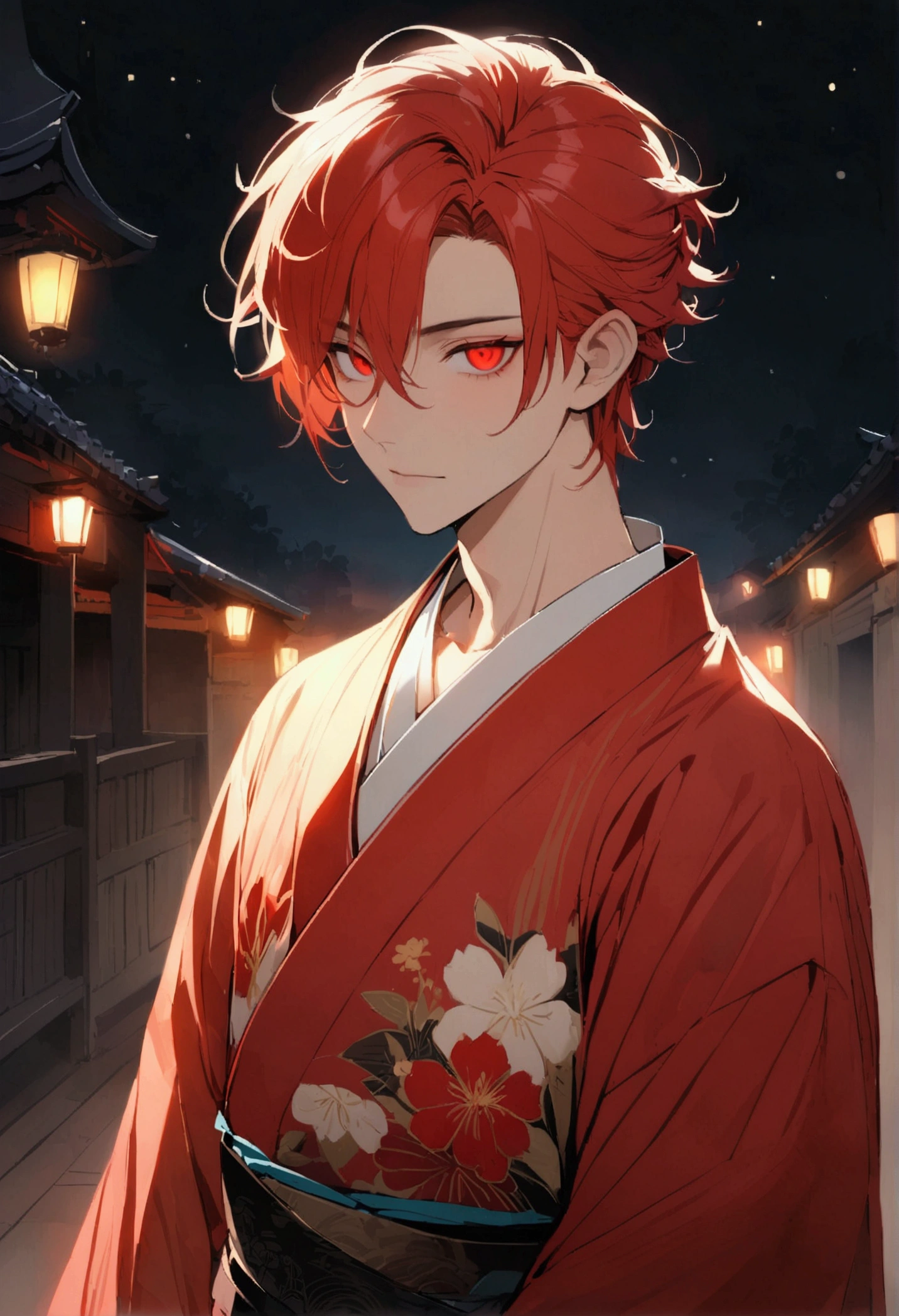 Red hair, Red Eye, male, kimono, moonlight