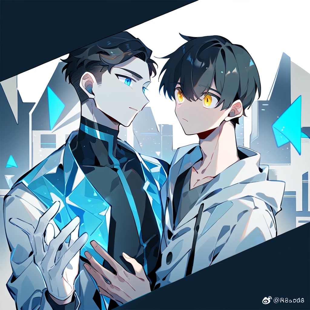 2 young men, focus man , Yaoi, pair, (humanต่างดาว , yellow eyes, The skin is gray, smooth and translucent. ), (human, black haired ,blue eyes ,white skin) , sci-fi, The best aesthetics , best quality, Amazing quality, The best aesthetics ,The background is a laboratory., spaceship