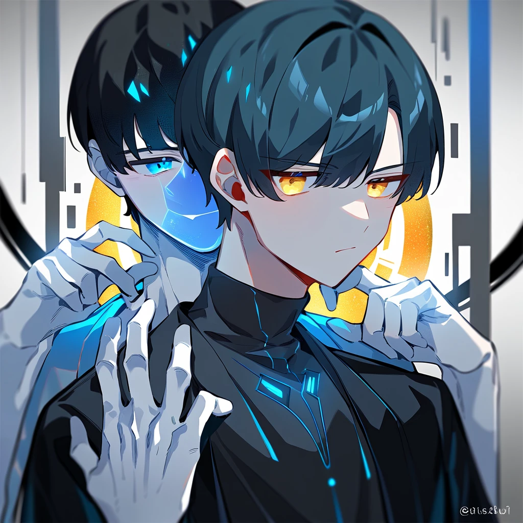 2 young men, focus man , Yaoi, pair, (humanต่างดาว , yellow eyes, The skin is gray, smooth and translucent. ), (human, black haired ,blue eyes ,white skin) , sci-fi, The best aesthetics , best quality, Amazing quality, The best aesthetics ,The background is a laboratory., spaceship