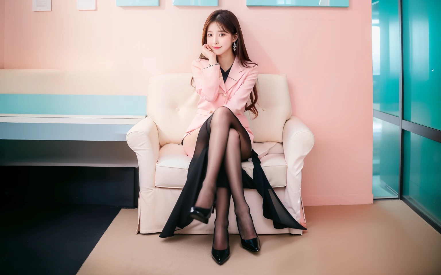 best quality, Full body portrait, Delicate face, Pretty Face, Slim body, office,Lady，office服装, black, Pink long hair，cute，stand up，black高跟鞋