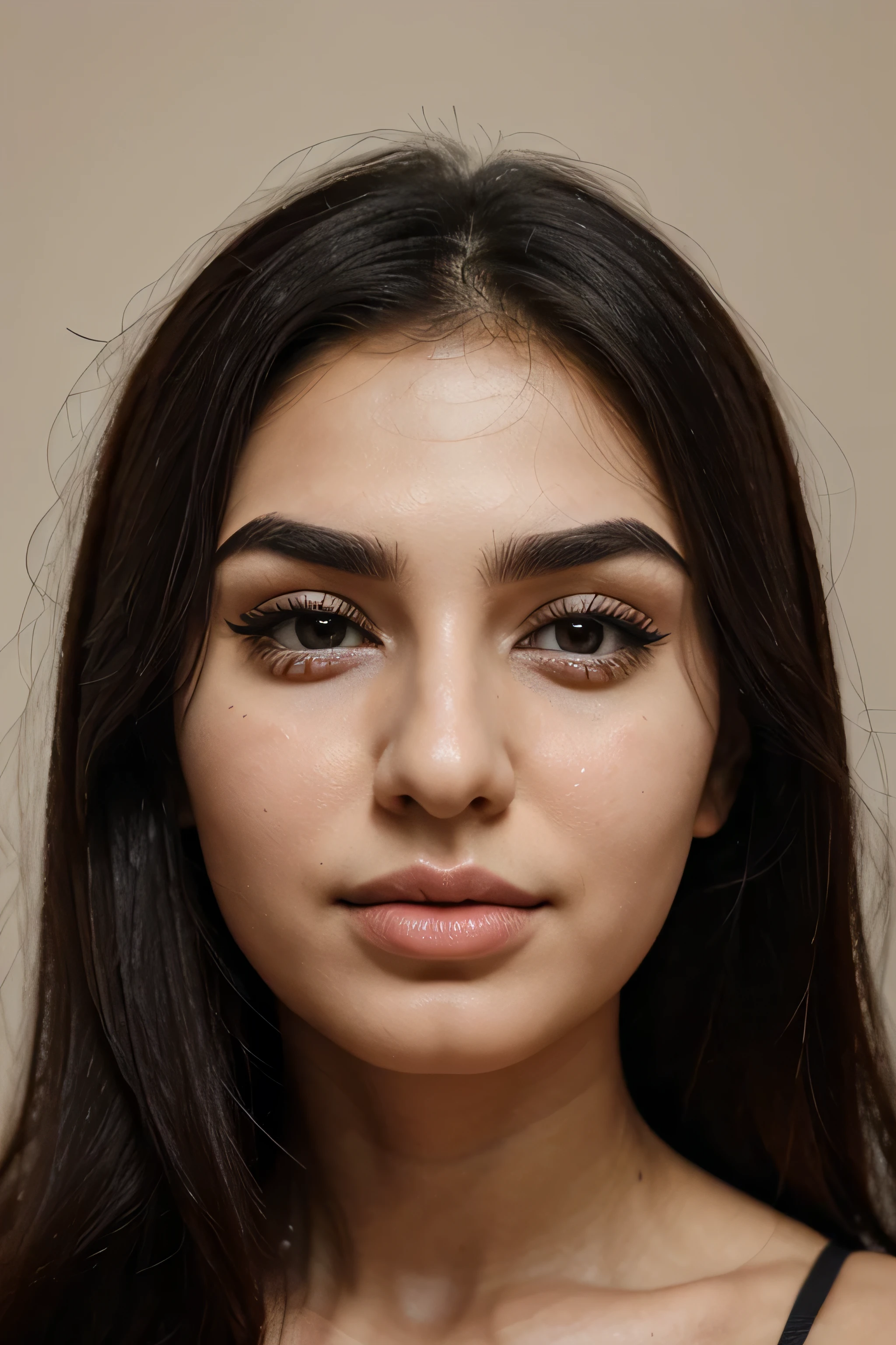azerbaijani girl, original face lines, sharp face lines, big eyebrows, big nose, wide lips, dimple on cheek, close up