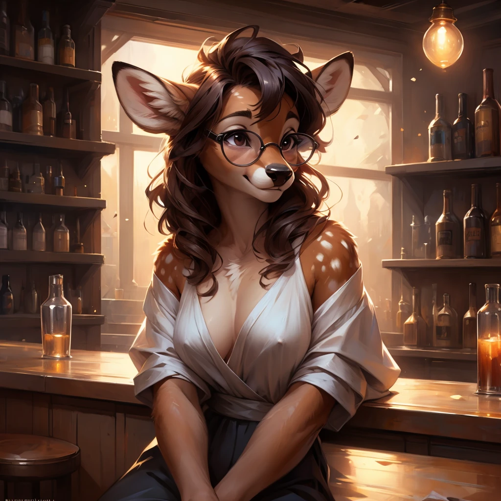 uploaded on e621, artstation, by Pixelsketcher, by Bayard Wu, by Thomas Benjamin Kennington , by Einshelm, by hioshiru and kenket, Chunie, portrait, solo anthro female deer doe, tiny featureless breasts, tiny breasts, clear dark blue, cinematic lighting, sitting on a bar counter, sitting inside at a party bar, night club background, shiny, chin short curly dark brown hair, shoulder length hair, wears big black nerd glasses, very very beautiful furry art, furry art, thoughtful, shiny, feminine, cute face, muzzle, fluffy chest, flawless face, Fallow deer, 1girl, Sakimichan is beautiful, Masterpiece, Wavethesallow Face, shiny, Detailed image, Detailed background, Detailed image, wears pure white wide big blouse, shiny, realistic face, perfect anatomy, hourglass body, anthropomorphic deer, happy, very happy, small ears, huge black nerd glasses, hourglass body, (furry body:1.1), anthropomorphic deer, small fluffy tail, detailed background, (cute anatomy:1.1), sexy, sexy look
