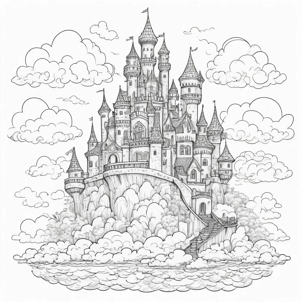 a cartoonish (a floating castle nestled among the clouds) coloring page for adults, whimsical design, crisp line art, detailed without background, black and white, ink outlines