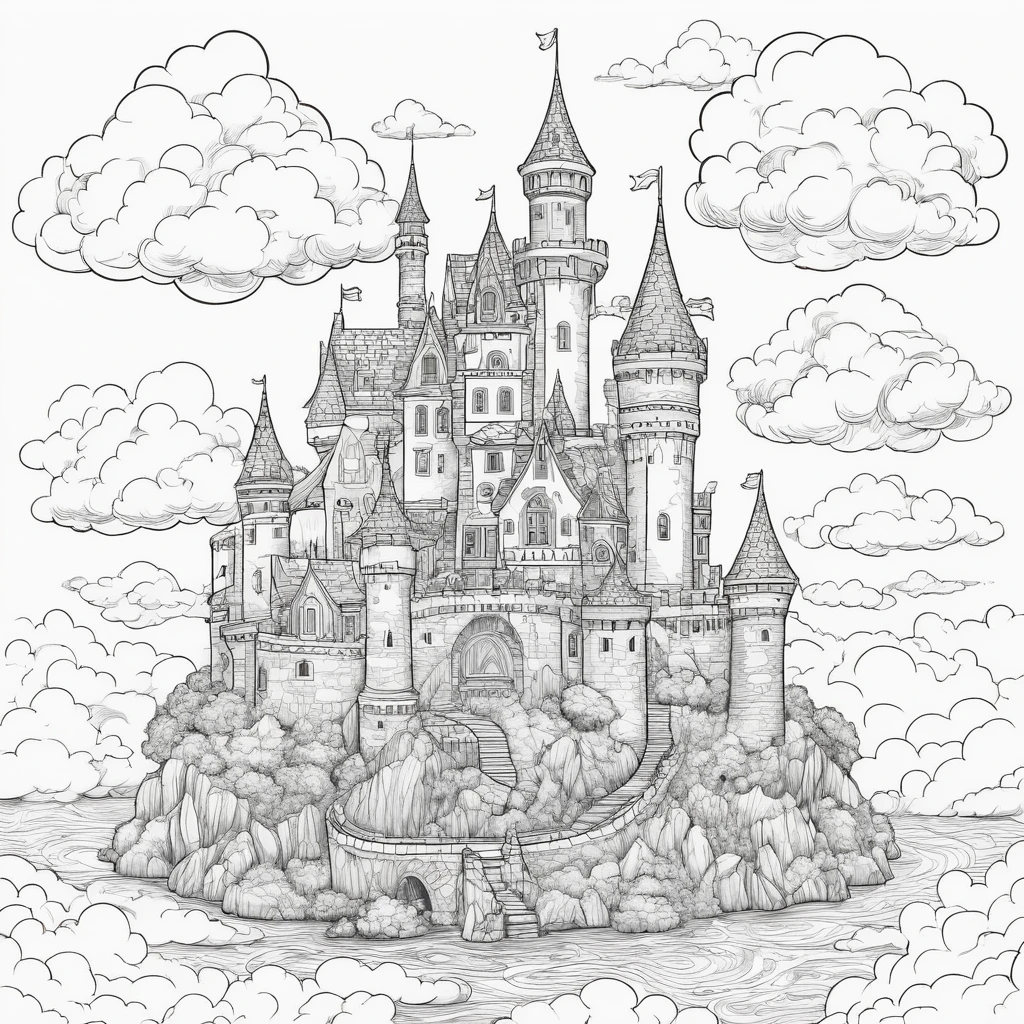 a cartoonish (a floating castle nestled among the clouds) coloring page for adults, whimsical design, crisp line art, detailed without background, black and white, ink outlines