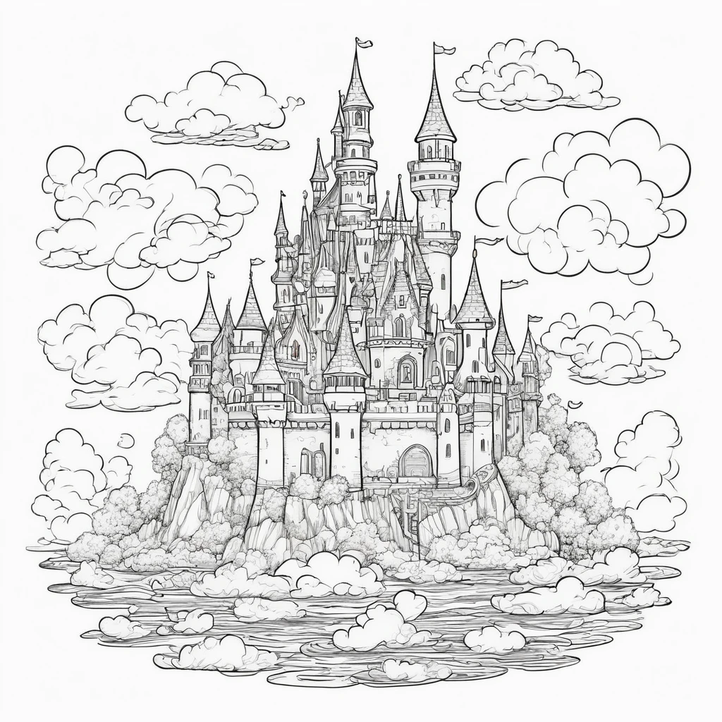a cartoonish (a floating castle nestled among the clouds) coloring page for adults, whimsical design, crisp line art, detailed without background, black and white, ink outlines