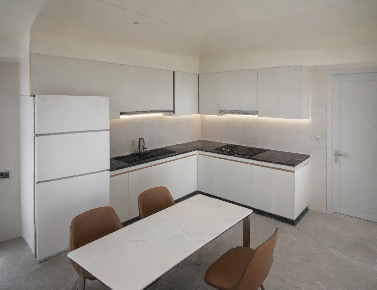 Raw photo,Masterpiece, high quality, best quality, authentic, super detail,
indoors, interior , ((kitchen and dining :1.3)), modern style, daylight, (WHITE WALL),luxury, marble tile floor, fridge, black stone counter top