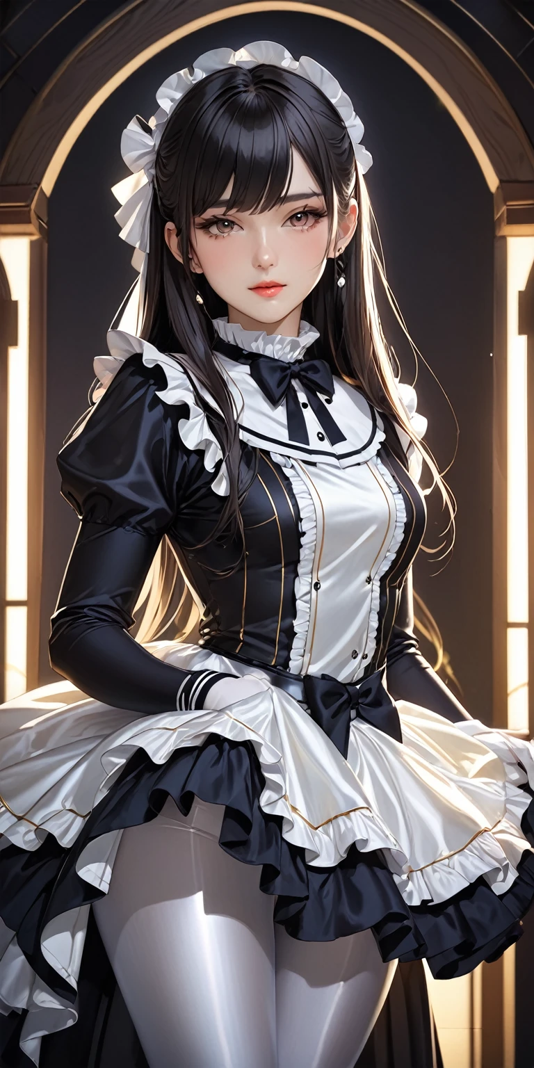 Portraiture、(masterpiece,Highest quality,Ultra-high resolution),Japanese women, (((Very beautiful 25 year old girl))),She is wearing a long-sleeved dress made of shiny satin with lots of frills, like an idol costume.、A shirt with a shiny satin collar、Shiny satin long gloves、Shiny satin tights、The background is dark