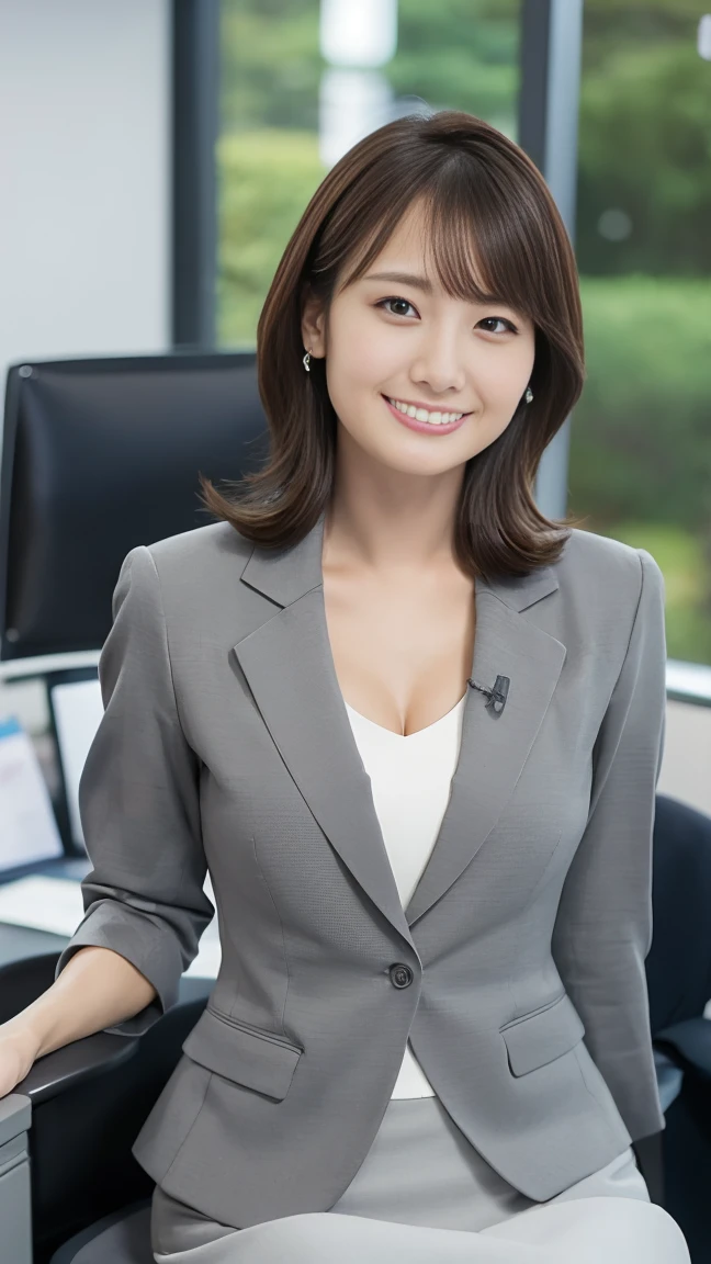 masutepiece, Best Quality, Photorealsitic, finely detail, hight resolution,beautiful japanese woman,beautiful detailed eyes, beautiful detailed lips, extremely detailed face, small head, small areola, cinematic lighting, photorealistic, 8k, high quality, hyper detailed, look at me,smile,(office lady gray suits:1.4),(office,night),(medium breasts:1.2),(inoueseika),slender,beautifull legs,(sexy posing:1.2), (bokeh:1.3), (upper body),(mini skirt),(stting chair)