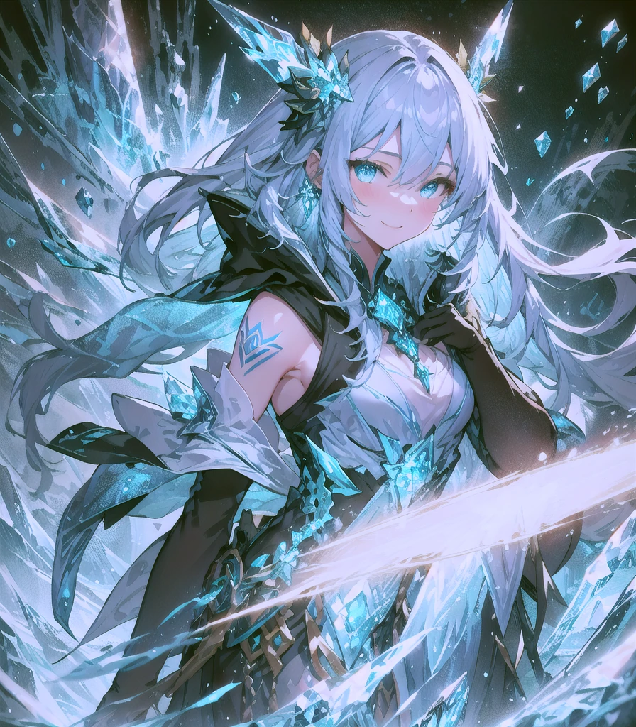 masterpiece, super high quality, ( 非常にdetailedなオリジナルイラスト),1 person,Ice Princess,Around the ice, Frosty Theme,( 輝く黄colorい目:1.2), A light, cold smile, Arrogant look, Sexy Russian costume, blue crystal jewelry, Ice blue glowing tattoo,detailed,Realistic,4K High Definition,Mappa Studio,masterpiece,Highest quality,Official Art,figure,Clear lines,(nice_color),Perfect composition,Fantasy,Concentration,Front facing,No text
