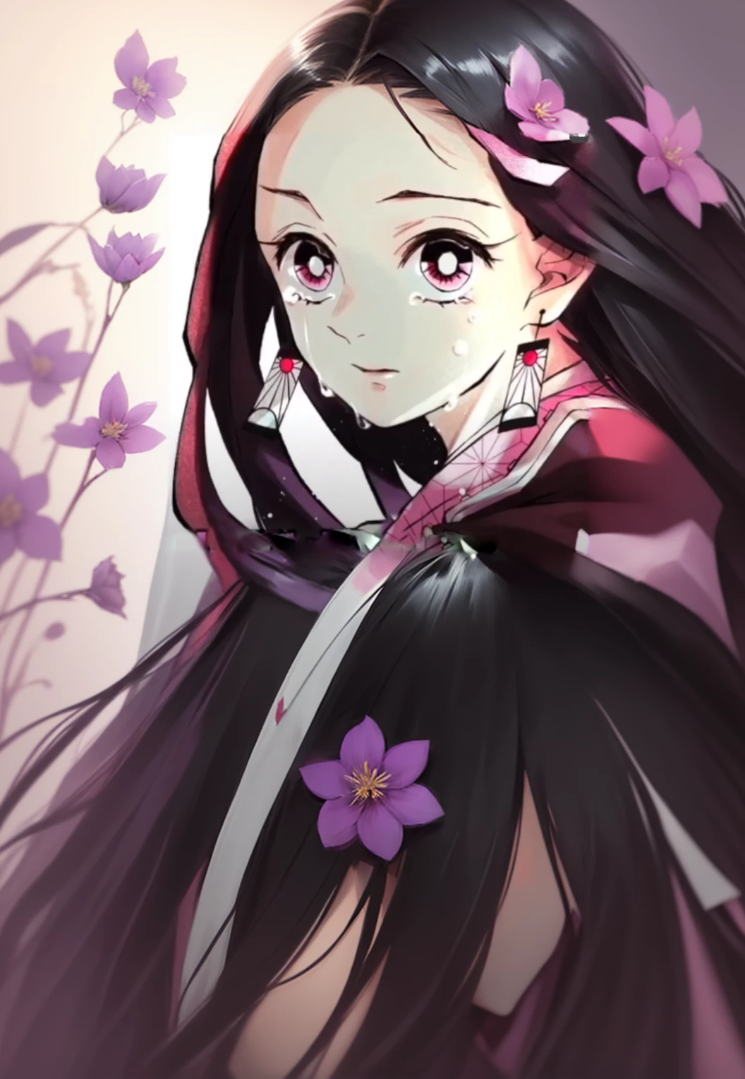 Anime girl with long black hair and a pink dress holding a green object、Nezukoちゃん、Nezuko、Cute girl anime visuals、女性Anime characters、Long Hair Anime Girl、Demon Slayer Louis fan art、Anime characters、Shushu anime images、kimono、Harumi、Flowing hair and long robes、Purple Flower、