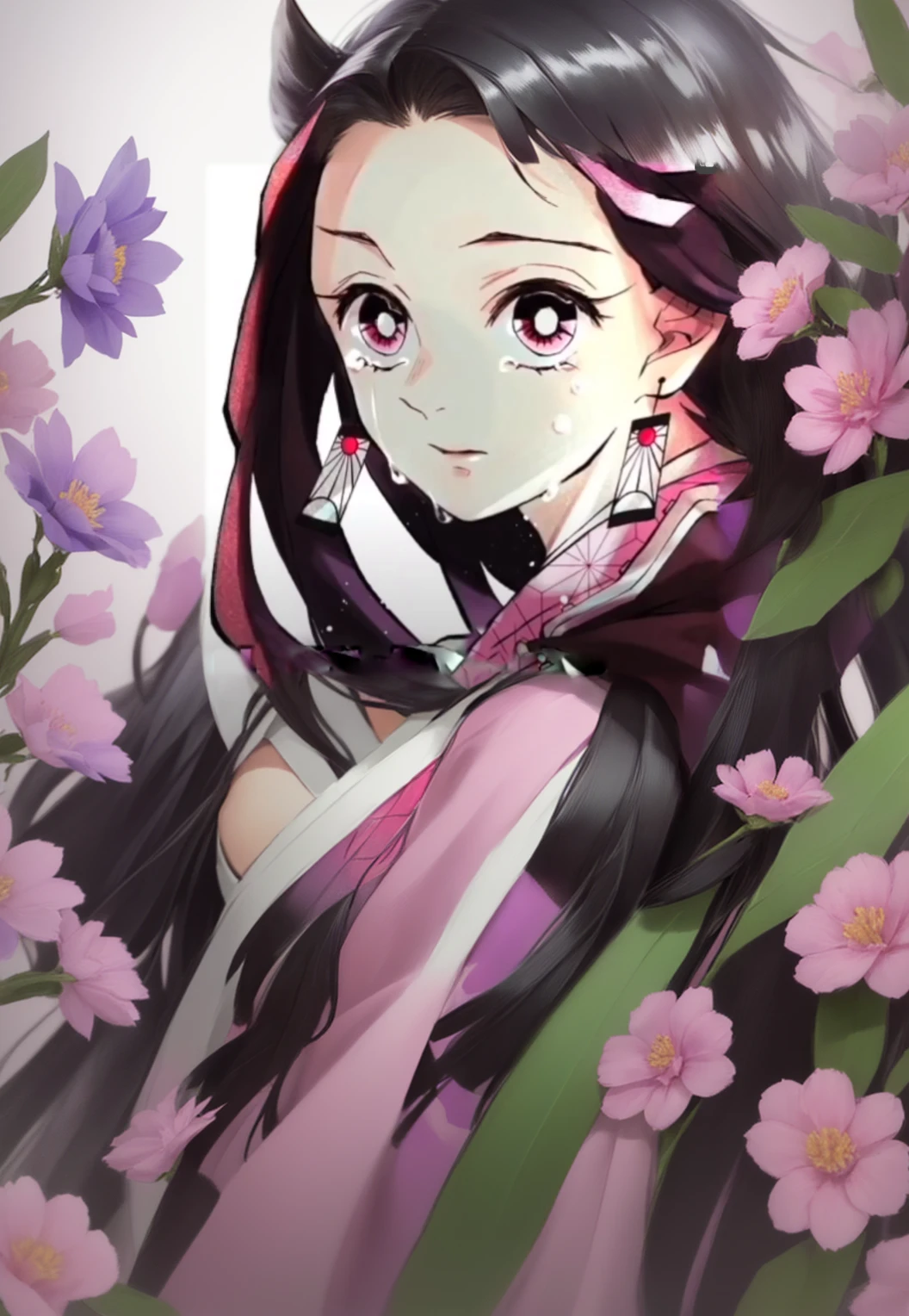 Anime girl with long black hair and a pink dress holding a green object、Nezukoちゃん、Nezuko、Cute girl anime visuals、女性Anime characters、Long Hair Anime Girl、Demon Slayer Louis fan art、Anime characters、Shushu anime images、kimono、Harumi、Flowing hair and long robes、Purple Flower、