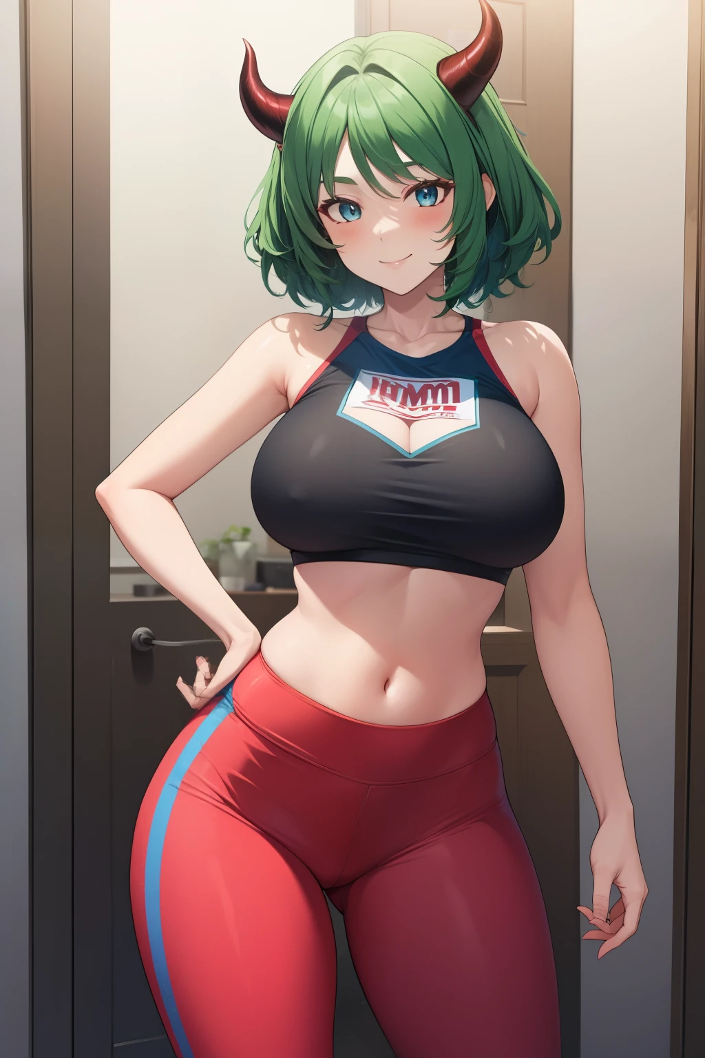 20 year old demon woman, green hair, horns, tattos, slim, big breasts, shapely legs, blue eyes, sports clothing, tight pink leggings,Beautiful face, portrait:1.3, big ass:1.5, smile