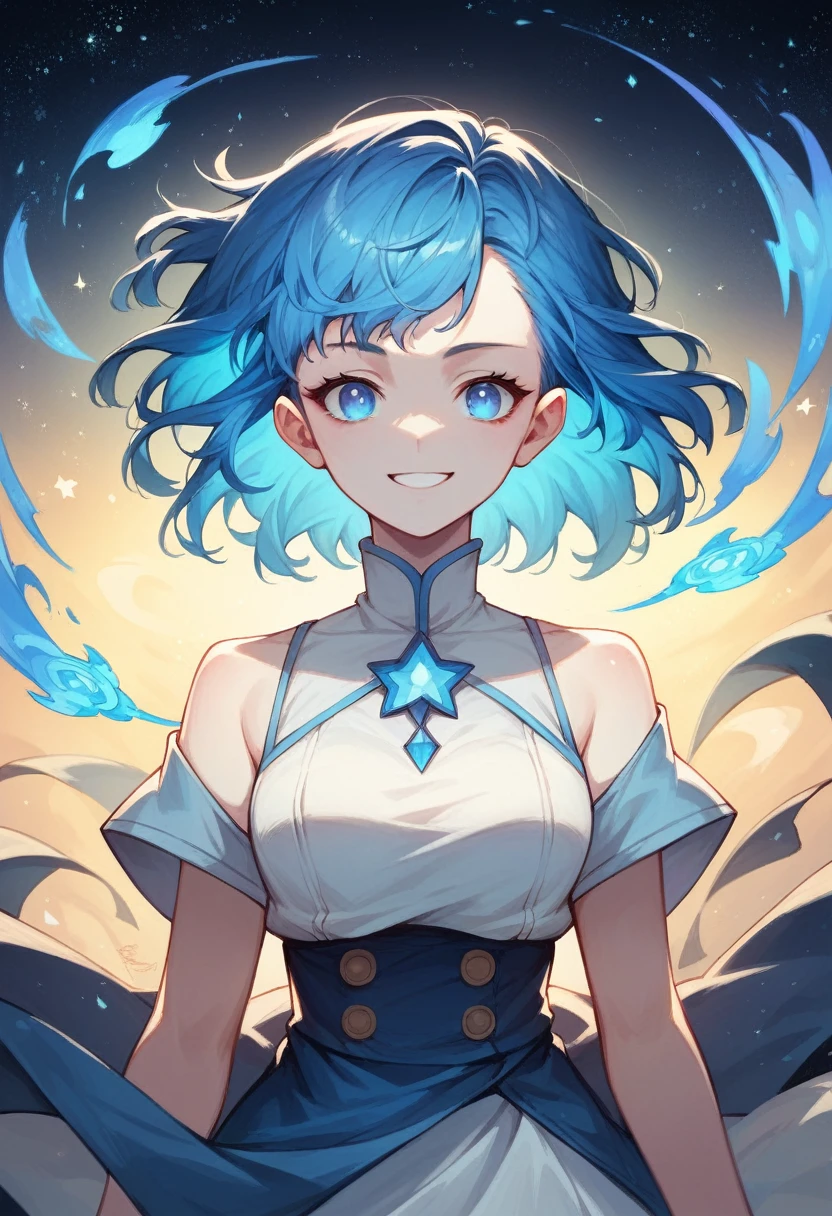 nice woman, Blue hair, fluttering in the wind, glowing blue eyes, anime, masterpiece, high detail, 4K, starry background, high detail light, small smile, White skin