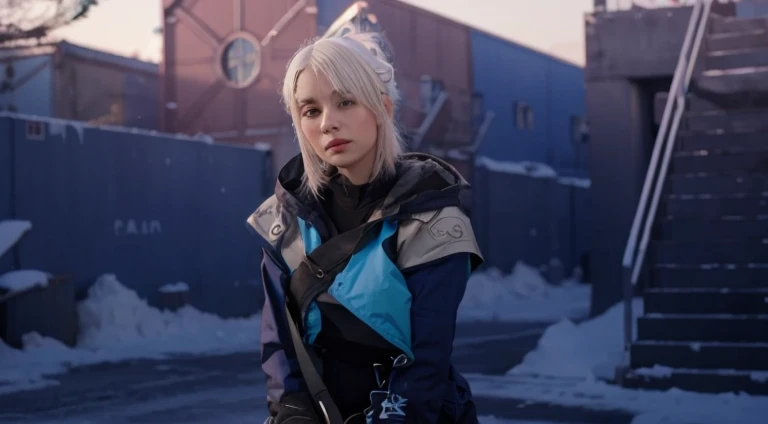 a girl with white hair, blue jacket