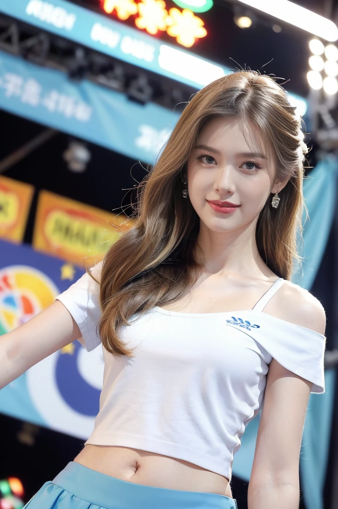 (((best quality))),(((ultra detailed))),(((masterpiece))),illustration,((a beautiful girl,solo)),(shoulder length straight hair:1.2),((slim,thin)),((small breasts,flat chest,cleavage,navel)),(blue short-sleeved white shirt:1.5),(blue mini-skirt:1.3),(slender legs:1.2),(sneakers:1.3),(standing:1.3),(on the stage:1.3),((outside a shopping mall, at the entrance of a beer promotional event)),((surrounded by crowded crowds)),expressive eyes,infectious smile,the stage adorned with colorful decorations,vibrant atmosphere,(night scene:1.3),(from front:1.3),(upper body:1.3),