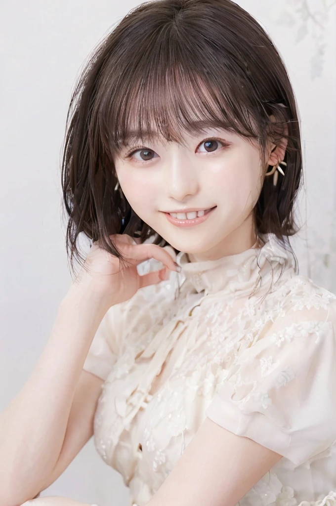(((Very elegant and beautiful、Perfect detail、Very detailed)))、whole body、The finest girl、The depth of the boundary is written、whole bodyが美しく細かい、Thin legs、One Girl、20-year-old、Very short hair、Spiked Hair、gray and silver hair、Beautiful and fine hair、Perfect Face、Beautiful, detailed, deep eyes、Delicate arms and hands、Pale skin、Earrings、Beautiful and gorgeous necklace、Colorful background、HD background、Blurred Background、Very delicate and beautiful、masterpiece、(((Highest quality、Very beautiful 8K CG wallpaper))、smile、White ブラウス