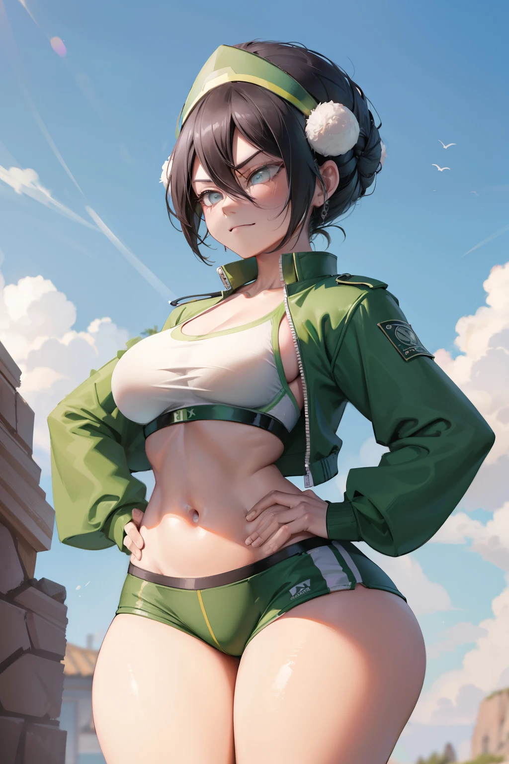 Ultra-detailed,  toph beifong,  adult  , green jacket open , white sport bra , black sexy micro dolphin shorts  , medium breasts  voluptuous body , gym  standing. Smug face sarcastic   ,blush,  sexy,,  sexy