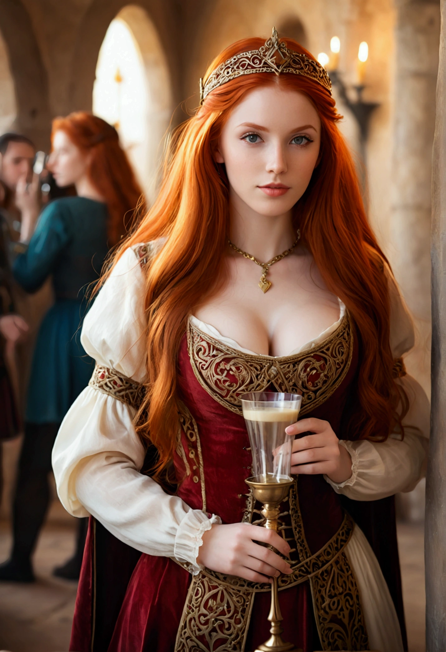 ultra realistic, photography, long red hair, girl, 24 years old, hourglass figure, perfect body, Flirty look, extremely detailed artgerm, in the style artgerm, facing the camera, lens 35 mm, blur background, at a medieval costume party, wearing a renaissance outfit