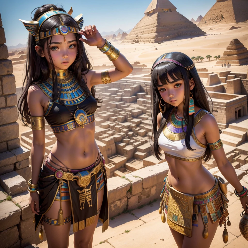 Cute ancient Egyptian girl、A hill overlooking the colorful temples of ancient Egypt、A colorful view of the whole city、whole body、Low - Angle、Standing posture