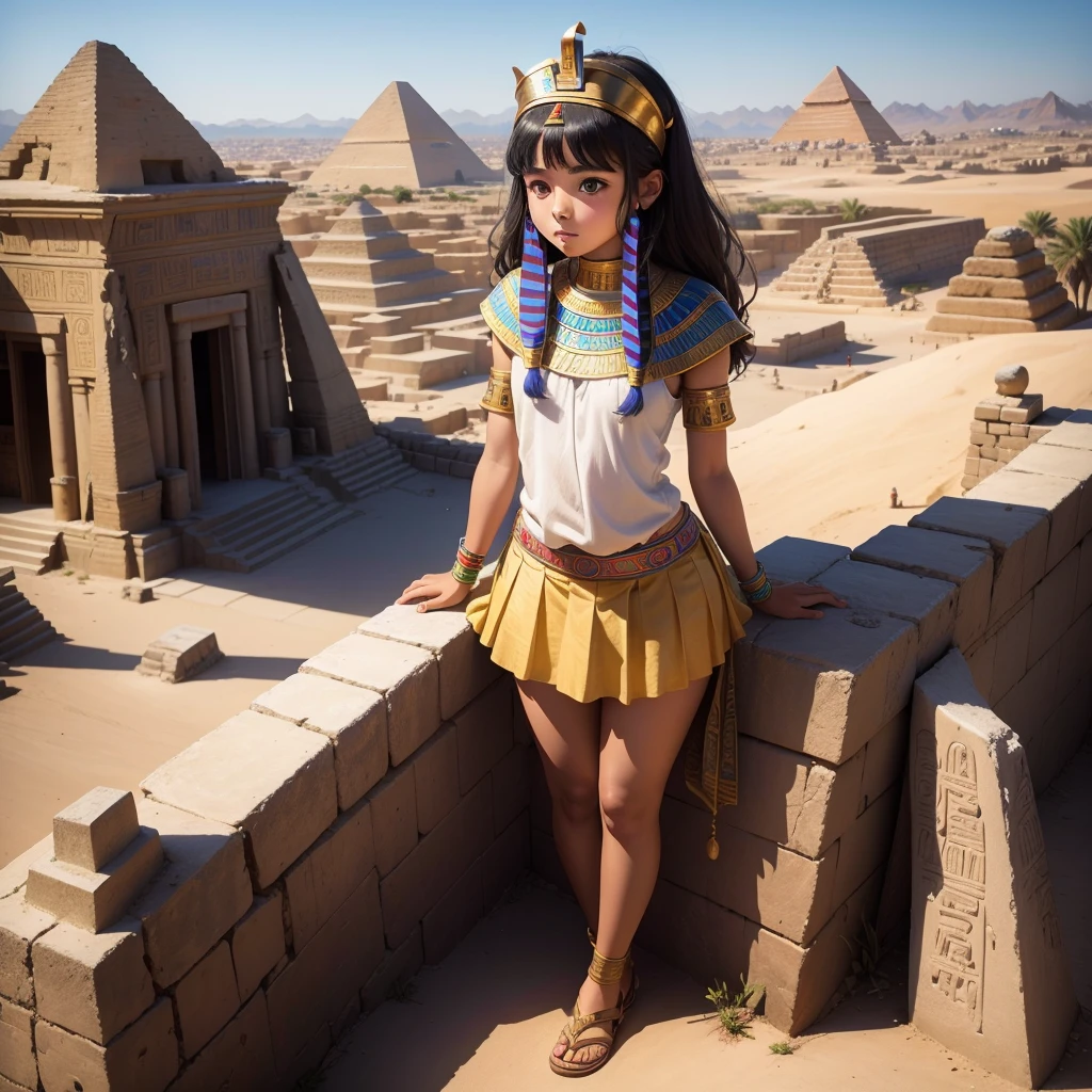 Cute ancient Egyptian 15 year old girl、A hill overlooking the colorful temples of ancient Egypt、A colorful view of the whole city、whole body、Low - Angle、Standing posture
