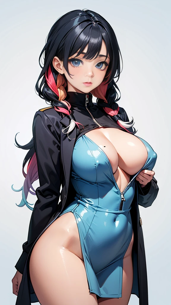 (Best quality,nsfw, detailed background,depth of field, volumetric lighting, sharp focus, Absurd, ultra-detailed), 1 sexy girl ((beautiful,two-tone hair,twin braids, black hair, multicolored hair, (blue eyes), gradient hair , big breasts ,21 years old, long hair, lush, soft, curvaceous body)), wearing a blazer dress (open in the breast area, no bra)