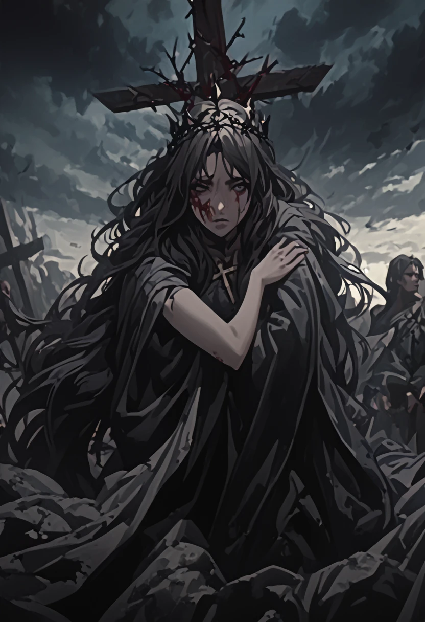 A woman being crucified, suffering agony, emotional expression, dramatic lighting, somber tones, Renaissance oil painting style, chiaroscuro, highly detailed, masterpiece, photorealistic, 8k, hyperrealistic, dramatic pose, anguished face, flowing hair, blood, nails, crown of thorns, cross, desolate landscape, dark clouds, cinematic composition