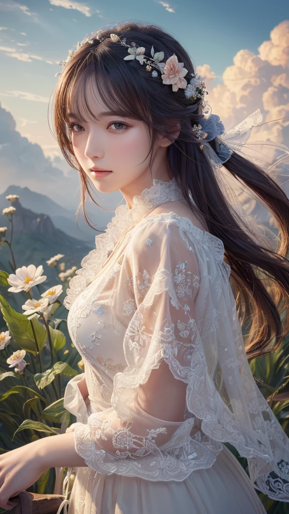 ((highest quality)),(Ultra-high resolution),(Very detailed),(Detailed Description),((The best CG)),(A masterpiece),Ultra-detailed art,Amazing drawing art,(Art with precise detail:1.5), flower, cloud, Wind,