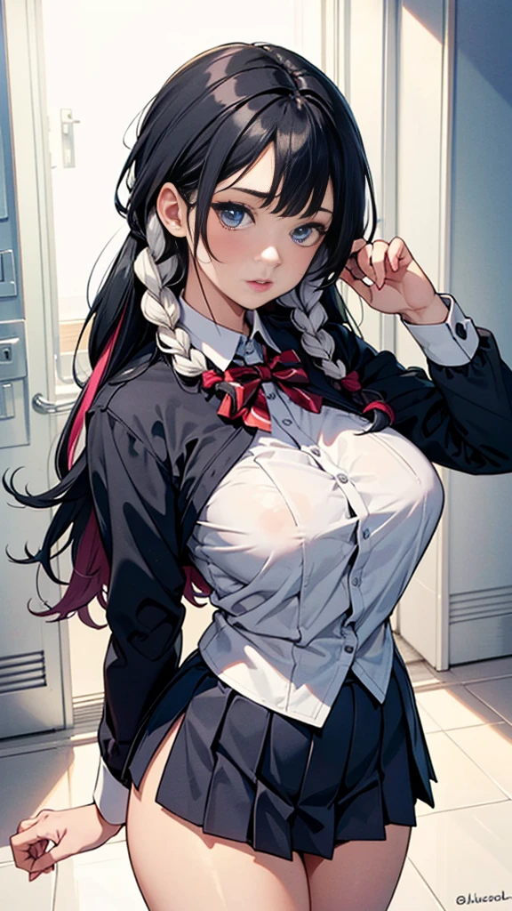 (Best quality,nsfw, detailed background,depth of field, volumetric lighting, sharp focus, Absurd, ultra-detailed), 1 sexy girl ((beautiful,two-tone hair,twin braids, black hair, multicolored hair, (blue eyes), gradient hair , big breasts ,21 years old, long hair, lush, soft, curvaceous body)), using uniform jk (( uniform school jk, open clothes))