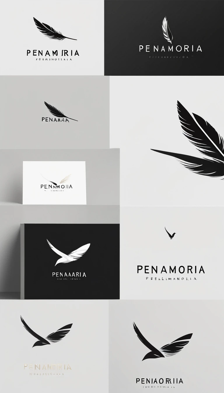 A minimal, modern, simple, cinematic logo design for the brand “Penamemoria". Create a modern, minimalistic, high-quality, logo of a feather-bird