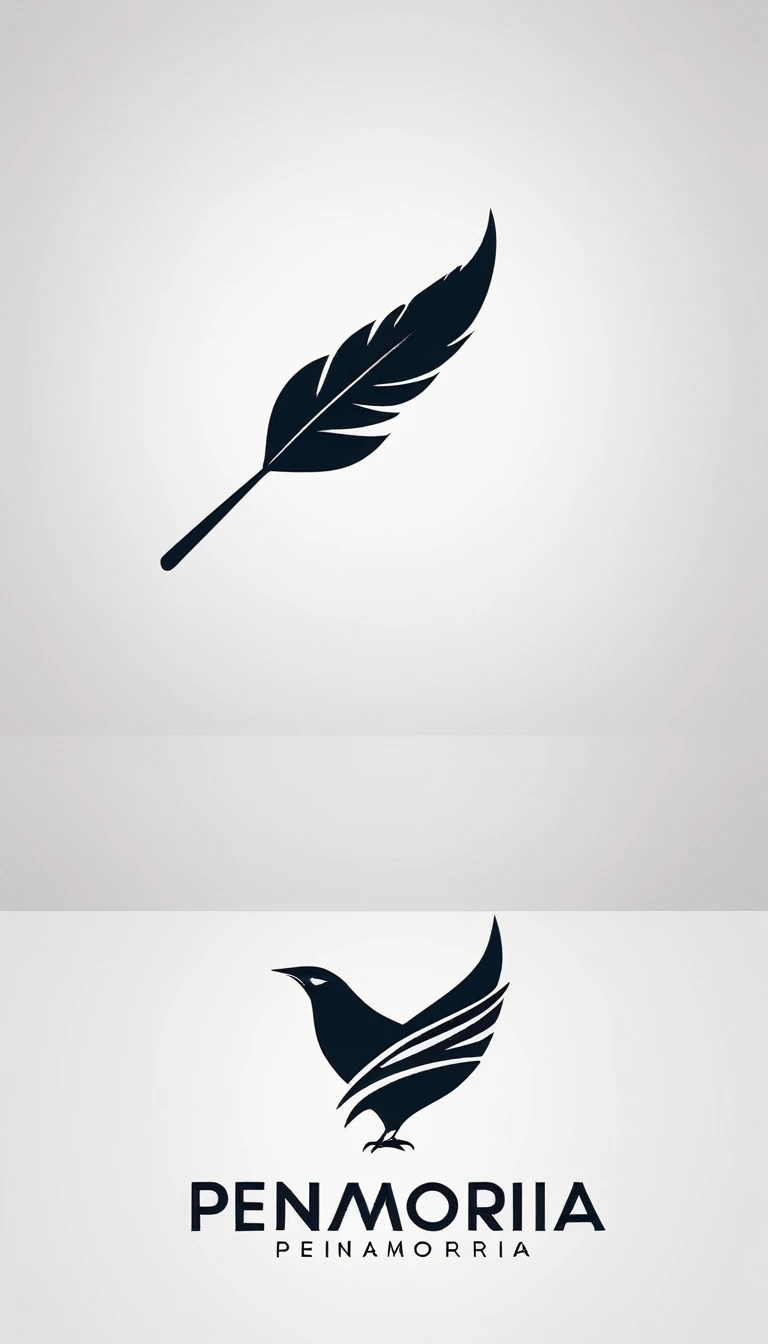A minimal, modern, simple, cinematic logo design for the brand “Penamemoria". Create a modern, minimalistic, high-quality, logo of a feather-bird
